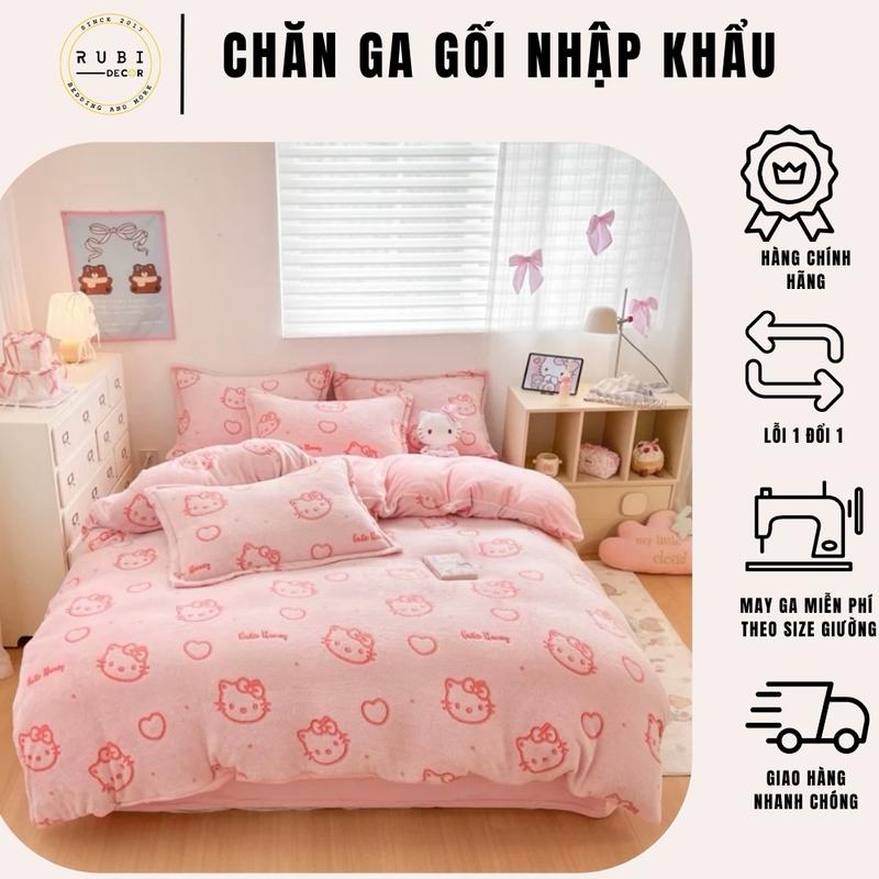 Bộ chăn ga gối nỉ nhung tuyết sữa mềm mại ấm áp Rubi decor( vỏ chăn, ga, 2 vỏ gối nằm)