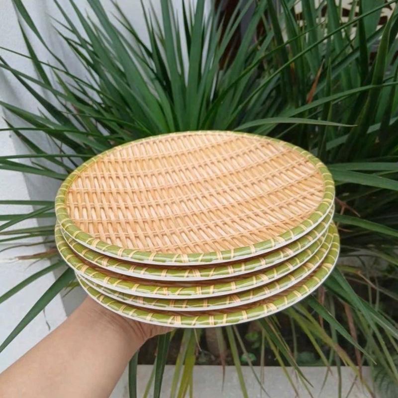 SET 5 Đĩa nhựa giả mây tre đan nhựa,mẹt tre tròn cao cấp size 20cm có chân để hoa quả,mẹt bún đậu,mẹt nhựa giả mây