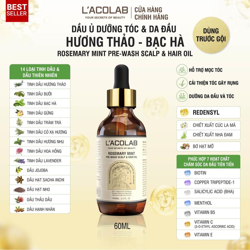 Dầu ủ dưỡng tóc & da đầu L’acolab | Rosemary Mint Pre-Wash Scalp & Hair Oil 60ml – Hỗ trợ mọc tóc, giúp ngăn ngừa gãy rụng, dưỡng da đầu và tóc