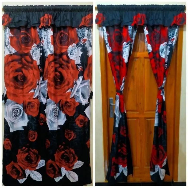 Gorden Serut 2 layer  tebal tidak menerawang motif Bunga tirai pintu Katun Curtain