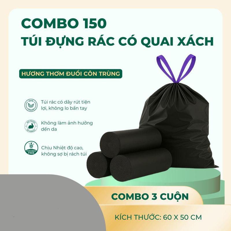 Combo 3 Cuộn 150 Túi Đựng Rác Dây Rút Dày Dặn Cầm Tay Thích Hợp Sử Dụng Trong Gia Đình Nhà Bếp