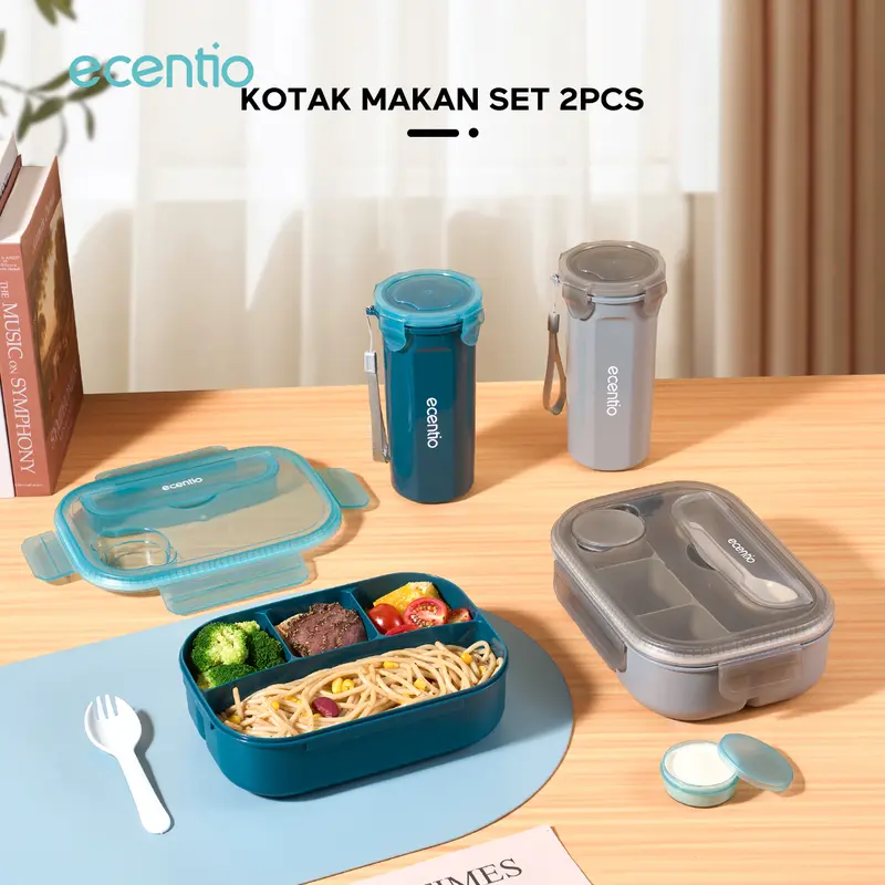 ecentio kotak bekal anti tumpah kotak tempat bekal 1200ml+500ml+Lunch Bag Kitchenware 2