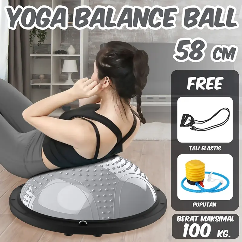 BOSU GYM BALL ALAT OLAHRAGA BOLA FITNESS PILATES BALANCE PAD BALL FREE PUMP & RESISTANCE BAND 0