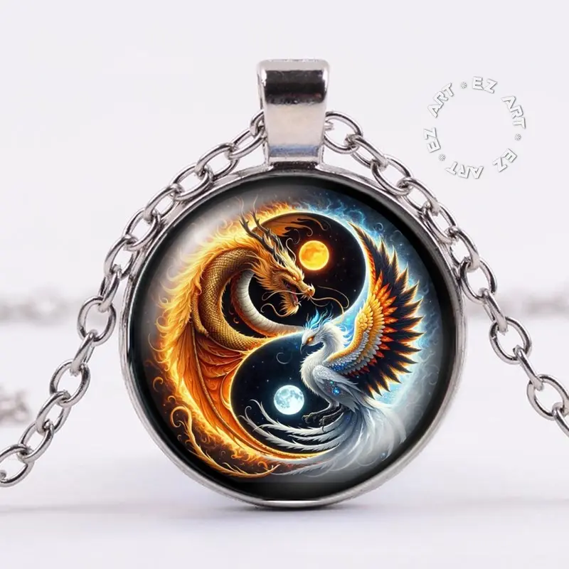 Kalung Liontin Yin Yang Art Kaca Cembung Tali Kulit Rantai Stainless Steel 2