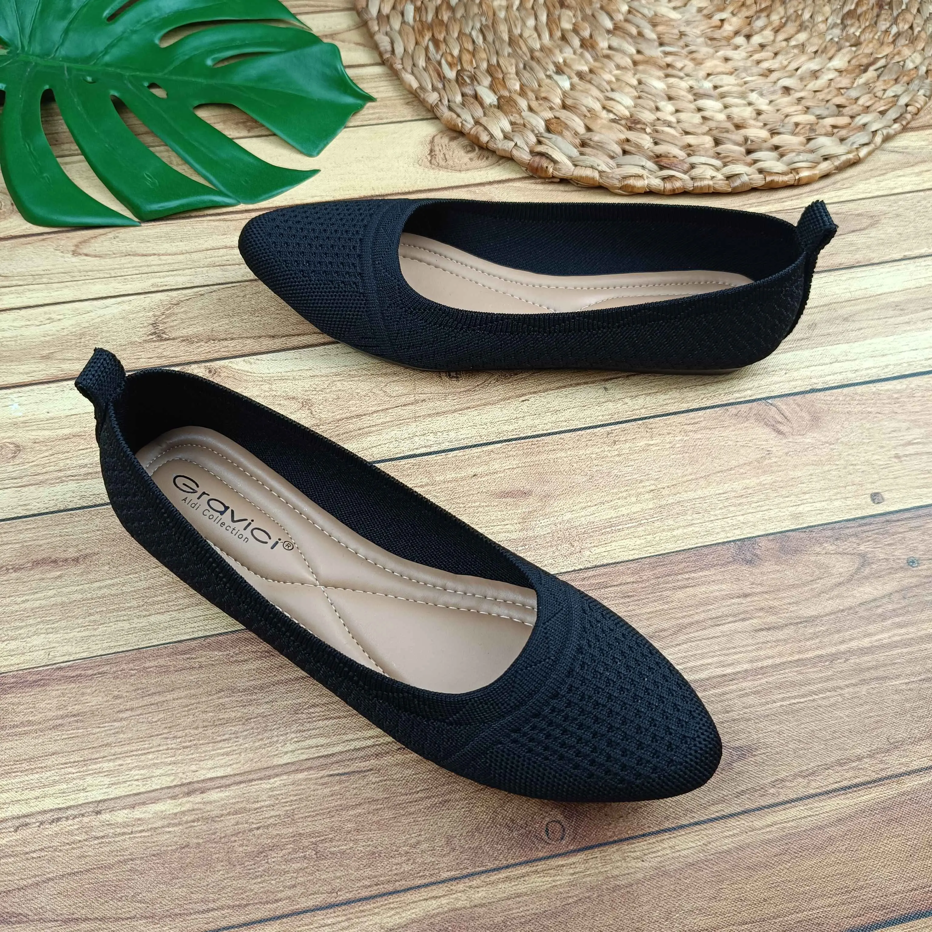 Sepatu Kerja Flat  Shoes Wanita Bahan Rajut Import Gravici DO-25 Hitam Karet flat  shoes flat  shoes ballet Perempuan flat  shoes selop