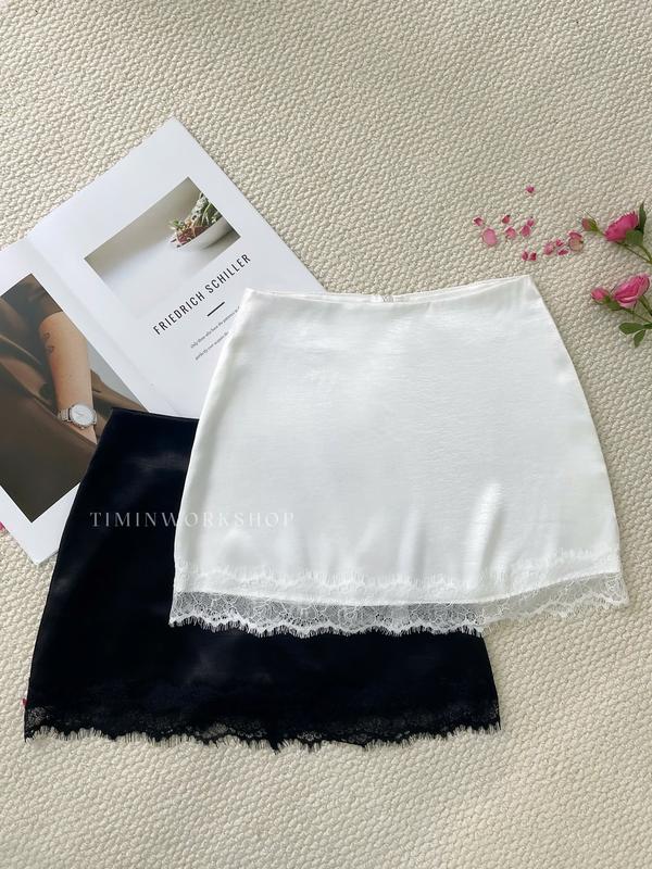   REN - Dài 32  Chân Váy Ren Lụa Queen Nhũ Nhẹ Cao Cấp Có Quần Lót Trong Thiết Kế TIMIN WORKSHOP 