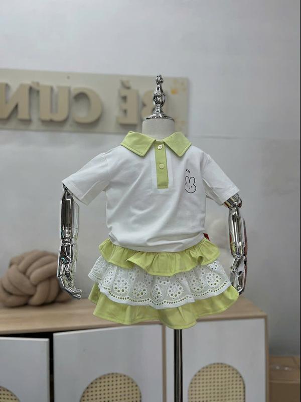  Set Áo Thun Trắng Cổ Sơ Mi Xanh Bơ Nhạt Kèm Chân Váy 3 Tầng 43U Dành Cho Bé Gái 