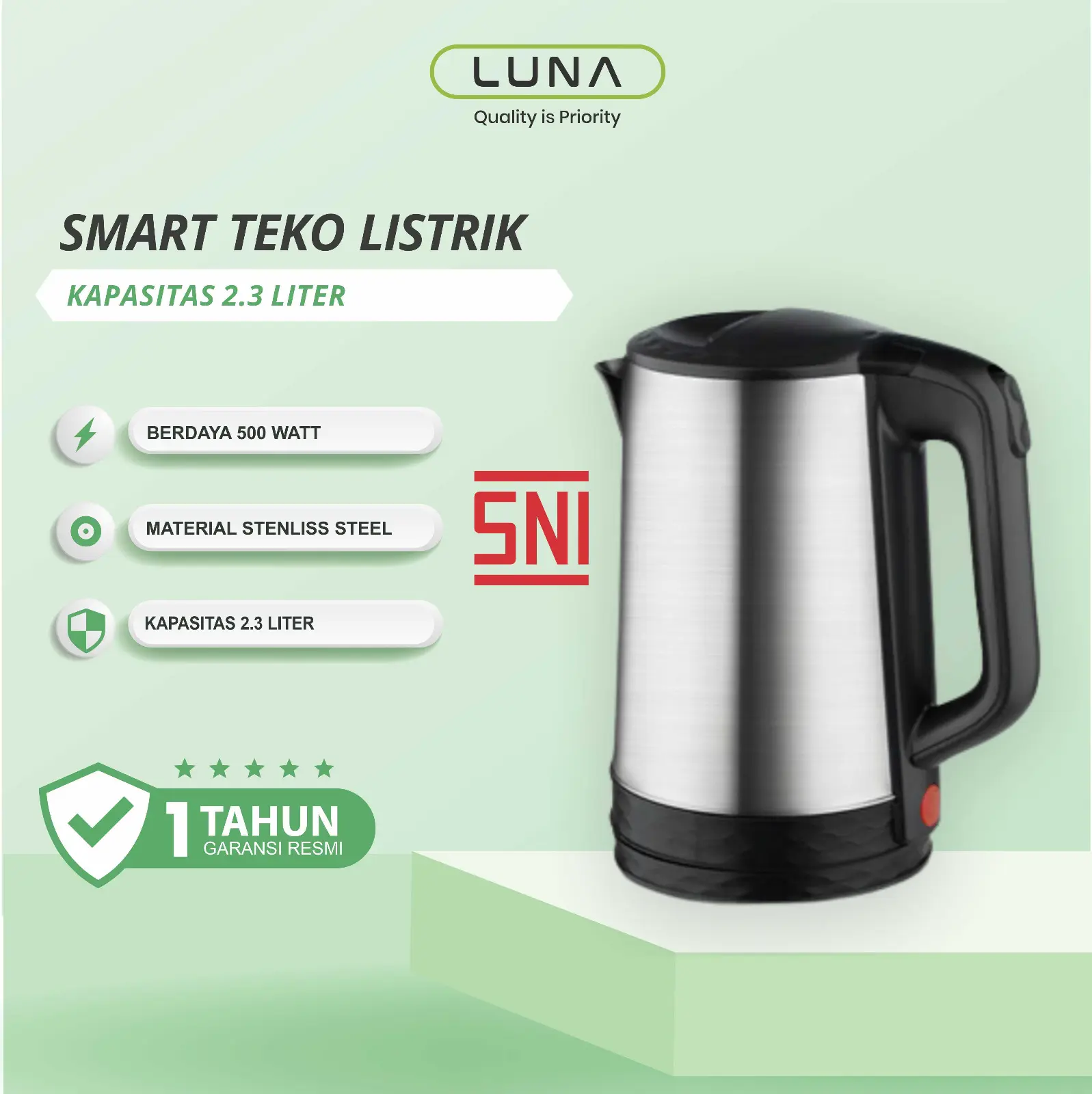 LUNALIFE Electric Kettle Teko Listrik 2 Liter 500W Stainless Steel Pemanas Air Berkualitas Tinggi