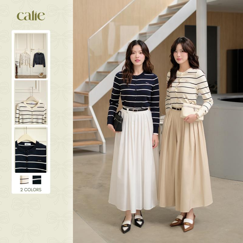   HNLV  Áo cardigan len dệt kim kẻ dài tay AF183 kết hợp chân váy dài CX065 thiết kế bởi Calie  Tách lẻ  