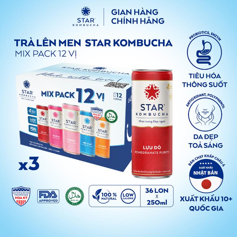  Combo 3 thùng 12 lon trà lên men STAR KOMBUCHA mix vị  36 lon x 250ml  