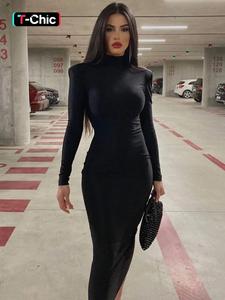 Vestido ajustado de cuello alto y hombro acolchado para mujer, manga larga, elegante vestido midi para primavera y otoño, ideal para fiestas, clubes y citas nocturnas, vestidos midi negros perfectos para ropa diaria.
