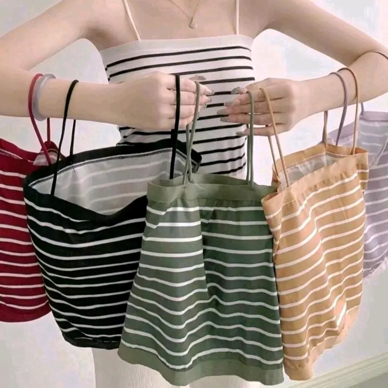 Tanktop Motif Salur With Cup BH Singlet Wanita Tanpa Kawat Cantik Murah FS 1