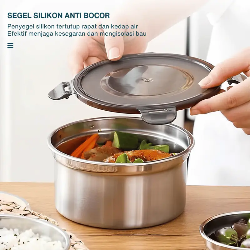Kotak Makan Stainless Anti Bocor Anti Bau - [BULAT] Tempat Makan Toples Foodgrade dengan Penutup Klip - Kitchenware 3