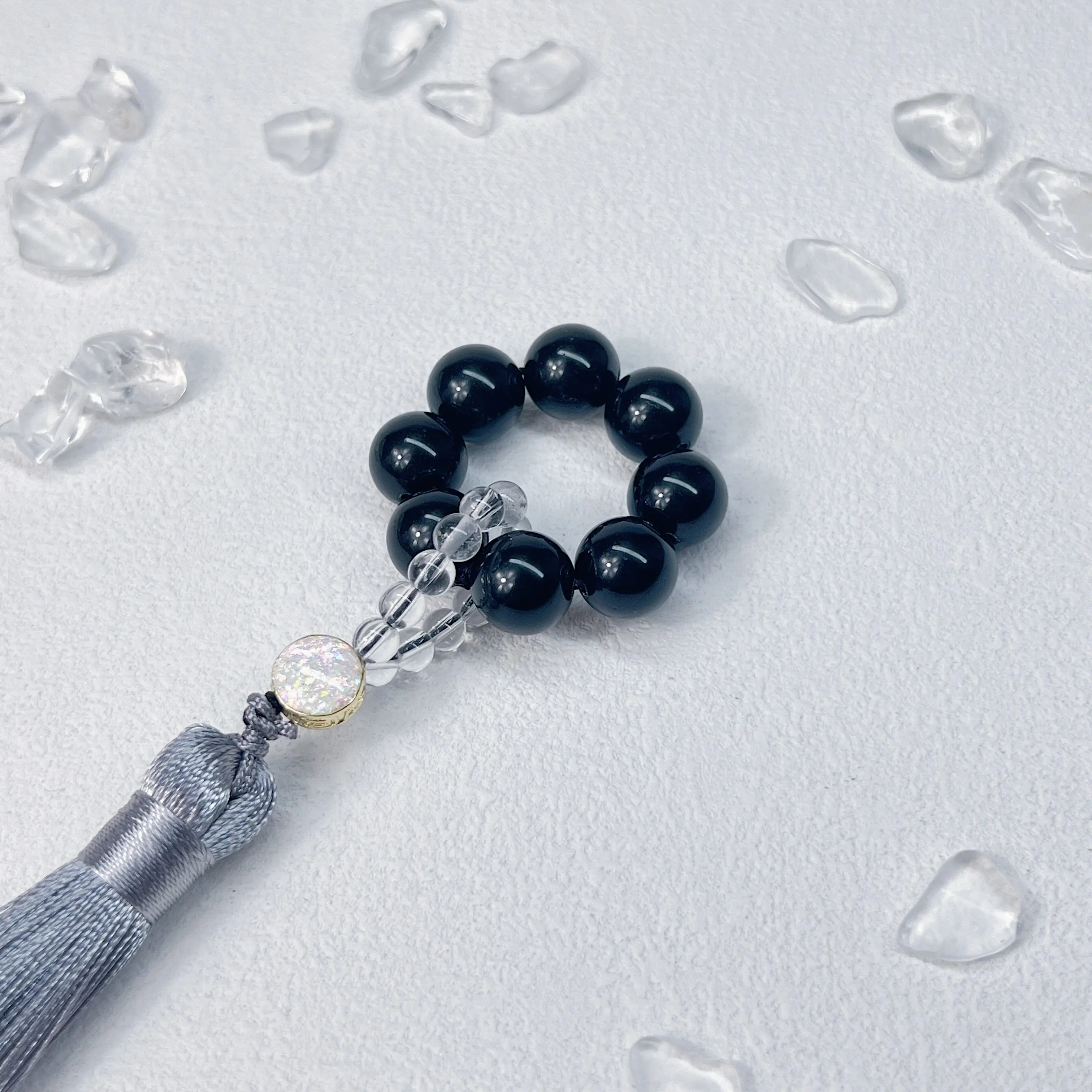 【OwniCrystals】Emotional Balance Black Obsidian White Quartz Absorb negative energy natural charm crystal fidget relief stress hand-twist beads unisex