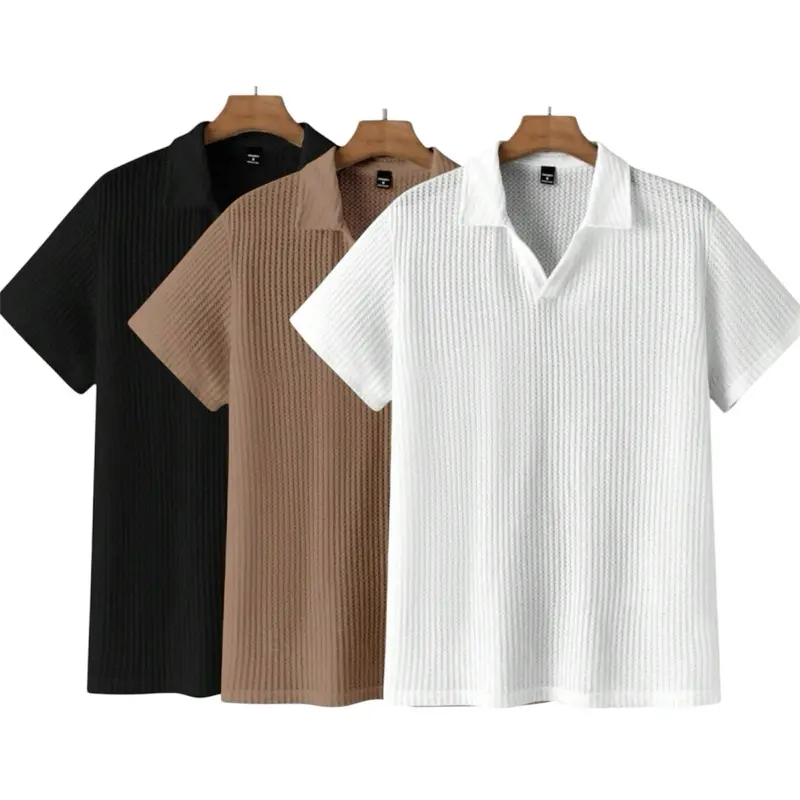 Paket 3 pcs Kaos polo lengan pendek pria V-neck waffle premium baju distro terbaru Atasan Kerah Dewasa Cowok 0