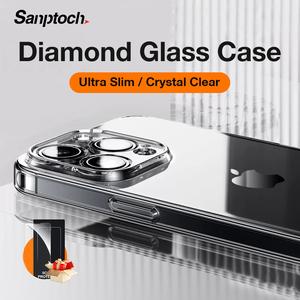 Sanptoch Diamond Glass Clear Phone Case For iPhone 16 15 14 13 12 11 Pro Max Crystal Transparent Cover For iPhone 16 Pro Max Slim Airbag Shockproof Protection Hard Casing