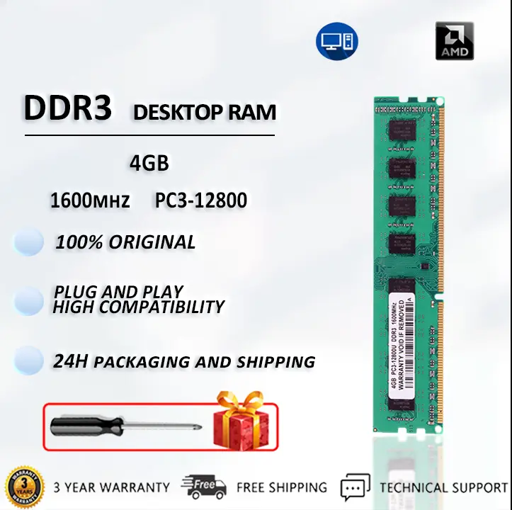 AMD 4GB PC3-12800 DDR3 RAM 1600MHz DIMM Desktop Memory Low Density