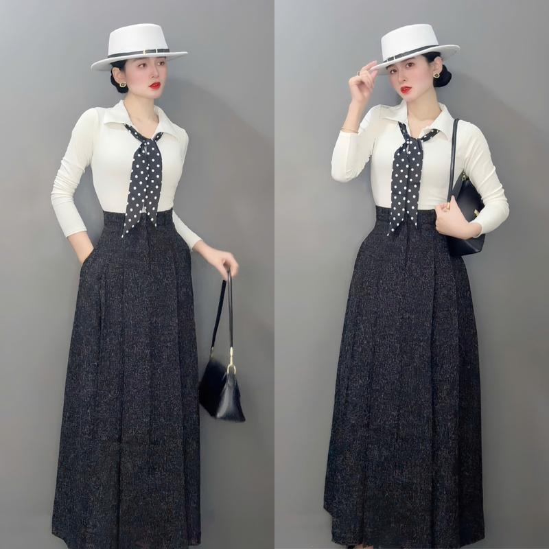 { CÓ FORM NẤM} Chân váy xếp ly chất dạ muối tiêu Mỏng Nhẹ phù hợp mặc 4 mùa khoá kéo trước dài 80-90cm