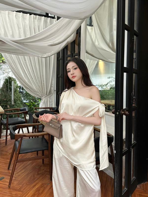 ENKA Set đồ nữ sang chảnh Bernice live tiểu thư dạo phố áo lệch vai kiểu nữ form rộng cách điệu nơ quần suôn Tết