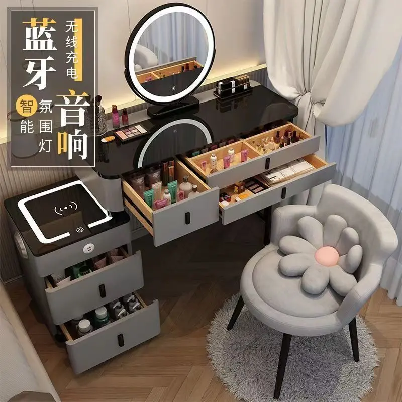 SG seller solid wood smart dressing table set with Bluetooth speaker wireless charge LED light mirror, table top 3A tempered glass