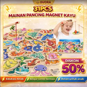 DUORA 31Pcs Buah Mainan Ikan Kartun Geetoy Set Mainan Memancing Magnetik Kayu Pendidikan Untuk Anak