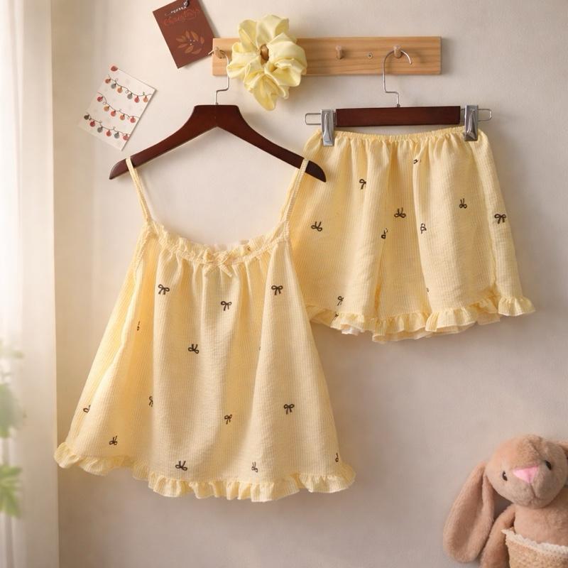 [Có Bigsize ] Có bigsize Không Tăng Đơ Bộ Đồ Ngủ 2 Dây Chât Đũi Cotton Họa Tiết
