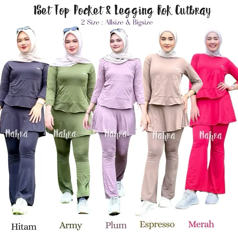 Nahra- Setelan Olahraga Top Pocket Atasan Semi Crop & Legging Rok Cutbray untuk Aktifitas Senam Wanita Gym Zumba Running