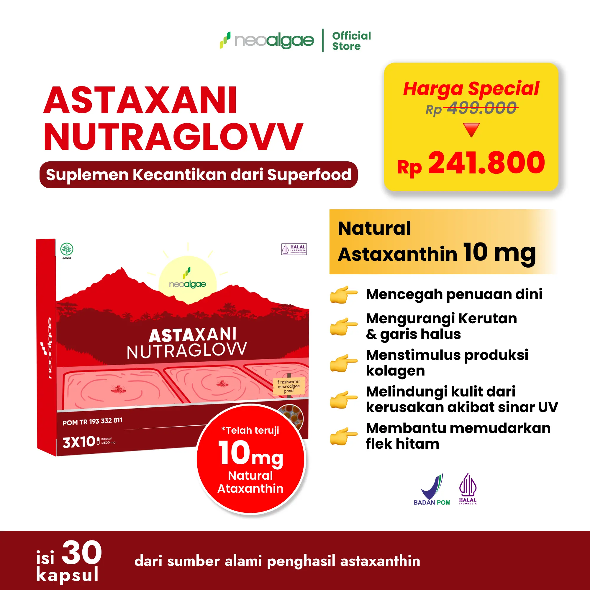 [PROMO GUNCANG 5.5] Astaxani Nutraglow - Natural Astaxanthin 10 mg - Nutrisi Alami Mencerahkan Memudarkan Flek Hitam Mencegah Penuaan Dini Pada Kulit