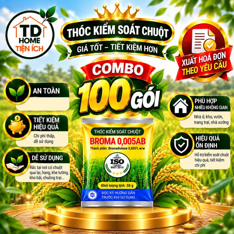 Combo 100 Gói Thóc Kiểm Soát Chuột Broma – Hạt Trộn Sẵn, Tiện Dùng