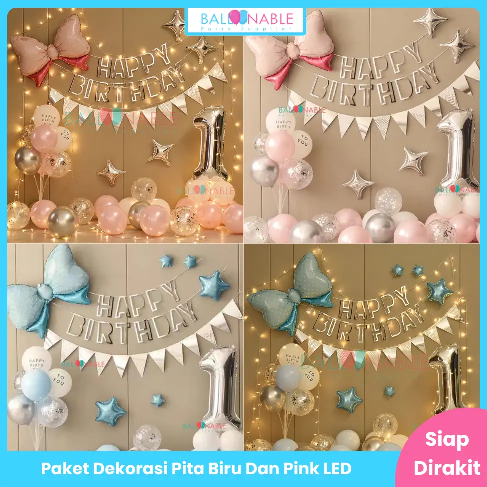 Paket Dekorasi Ulang Tahun Pastel Biru Pita dan Pita Pink Led (PD114 & PD115)