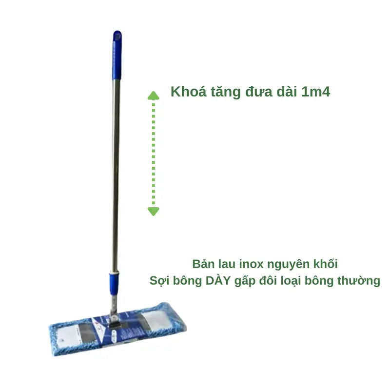 Cây lau nhà công nghiệp sợi bông San Hô bản CAO CẤP-Cây lau sàn thiết kế bản lau và thân cây DÀY DẶN cứng cáp (45-60cm)  khóa tăng đưa dài 1m5 6