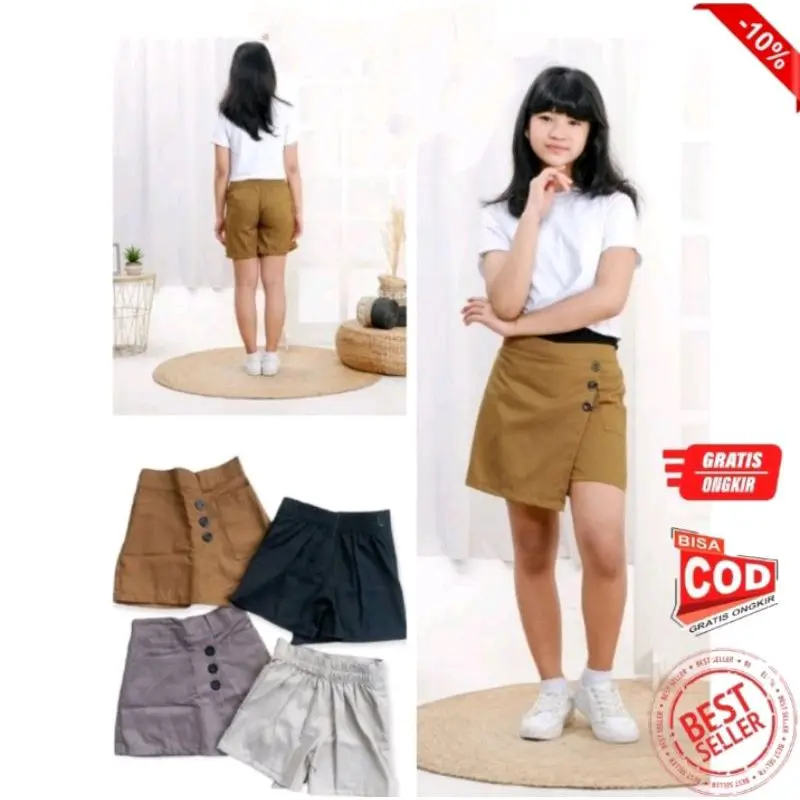 ROKCEL Fashion Anak Perempuan Tanggung Usia 8-13th Rok span Plisket pendek 6–12 tahun Kargo flare