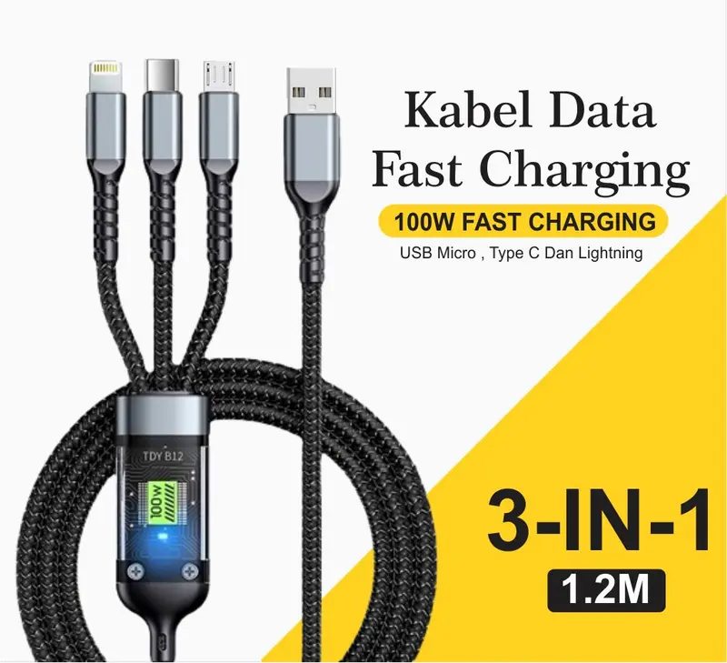 Kabel Data 3in1 Fast Charging 100W USB Micro, Type C, Lightning Best Quality Cable 0