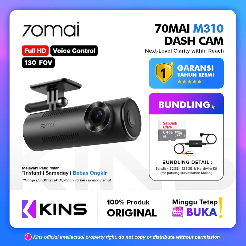 70mai Dash Cam M310 2K QHD Parking Mode 24 Jam Voice Control FOV 130°