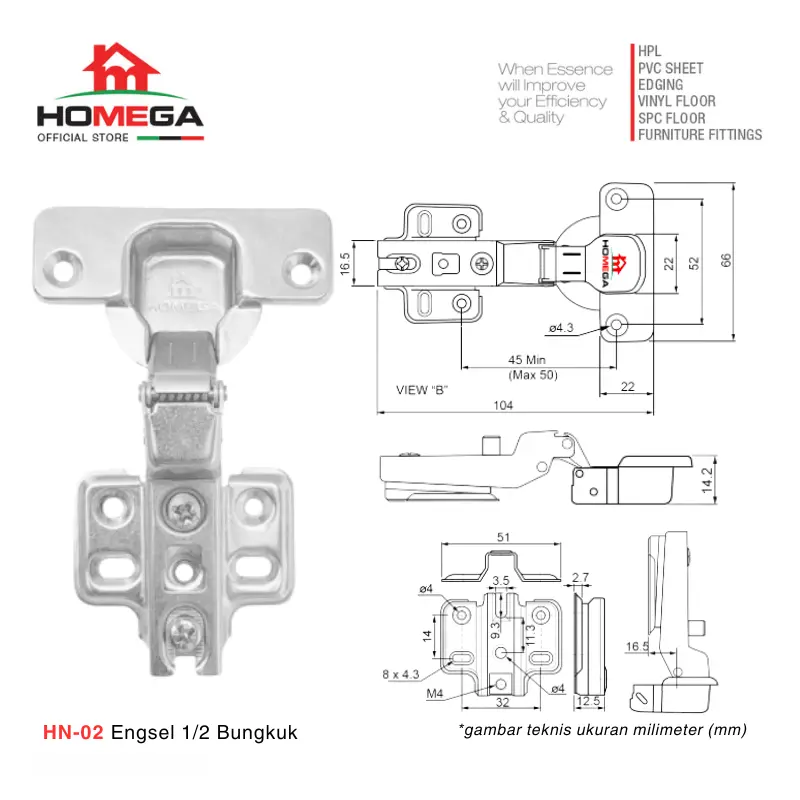 HOMEGA Engsel Sendok HN Non Slow Motion Non Soft Close - 1 Set (2 Pcs) 4
