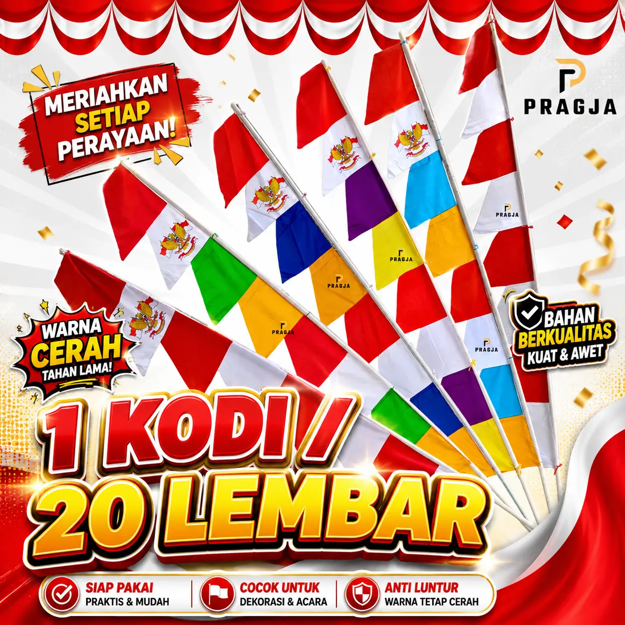 Bendera Umbul-umbul Warna-warni 1 Kodi/20 Pcs Kain Tali Polyester Grade A Tahan Lama Ringan 2,7 Meter - Buah PRAGJA