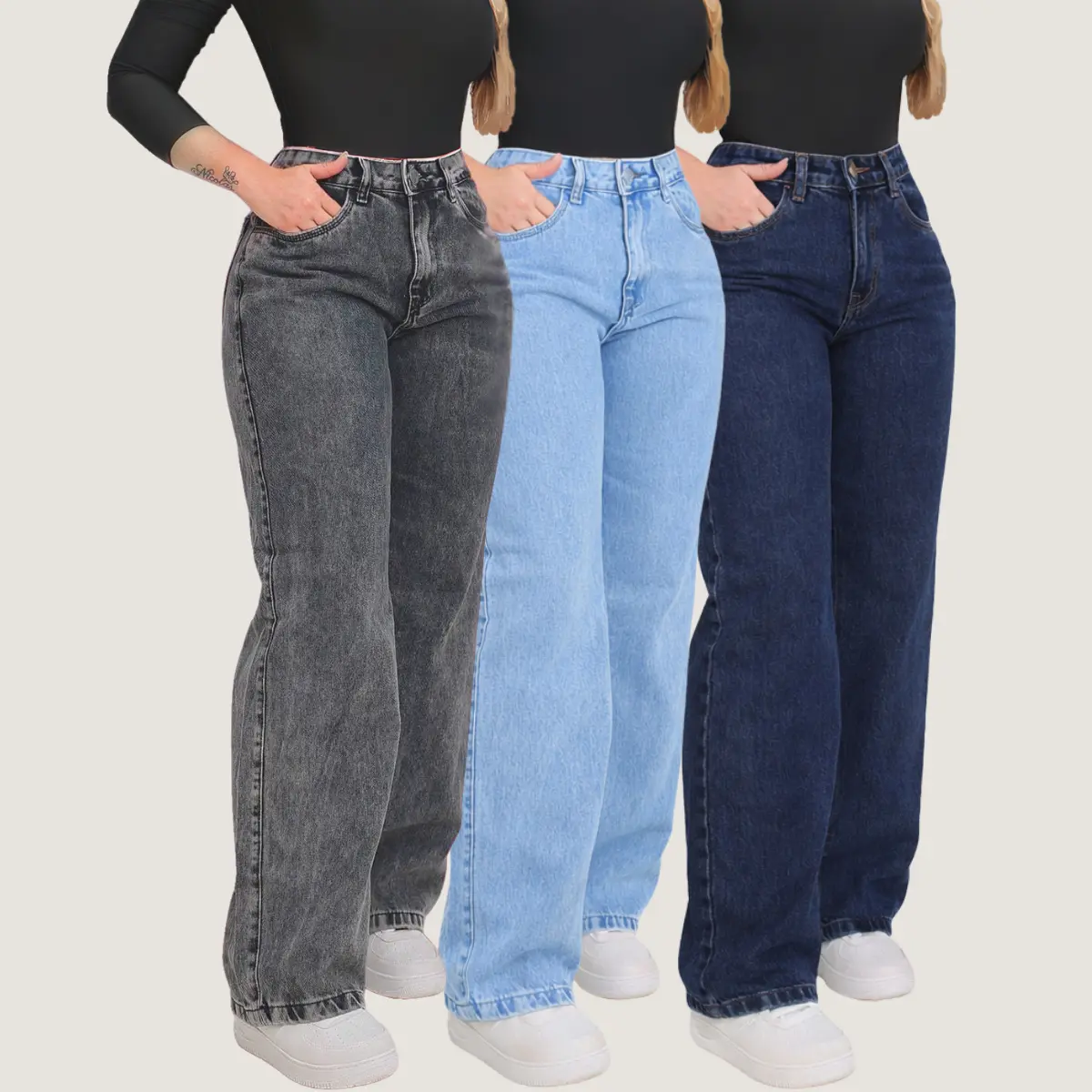 Kit 3 Calça Jeans Wide Leg Feminina Cintura Alta 100% Algodão Premium Bolsos e Modelagem Reta e Solta para Looks Casual e Chic - 10