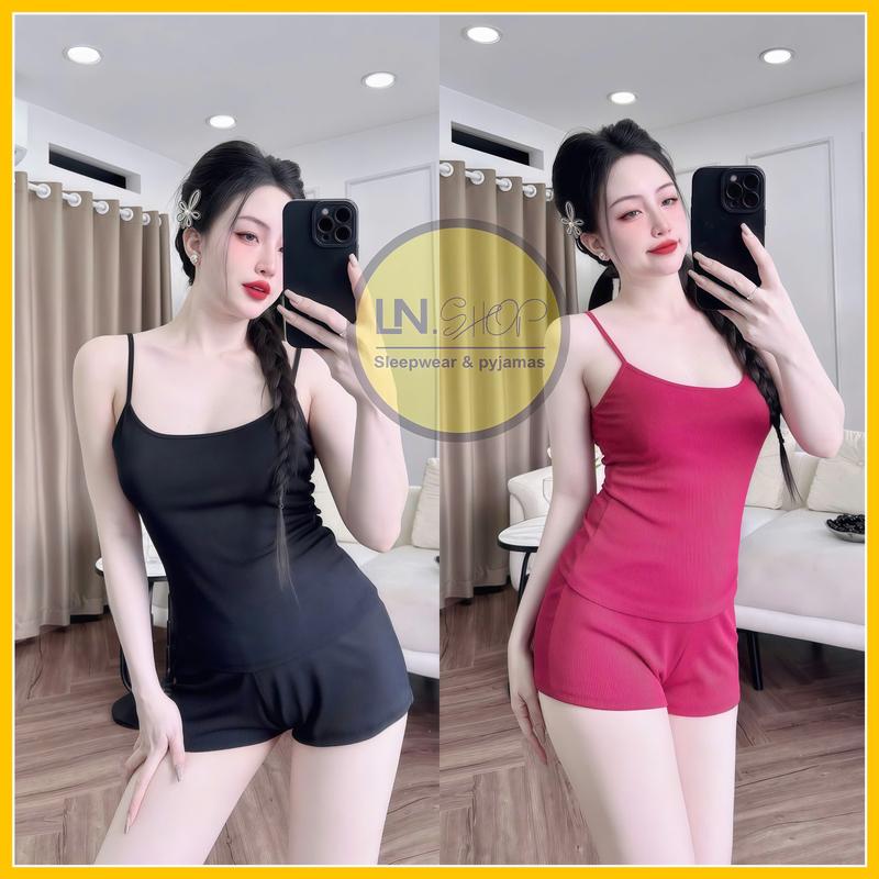 Đồ bộ thun hai dây bộ ngủ nữ ôm body chất liệu thun gân lạnh họa tiết trơn đính nơ quần tí hon