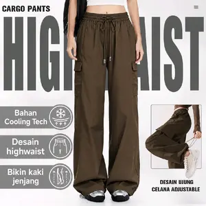 KKTOP Cargo Pants Wanita High Waist Korean Style Oversize Longgar Jumbo Banyak Kantong Terbaru (CargoPants002)