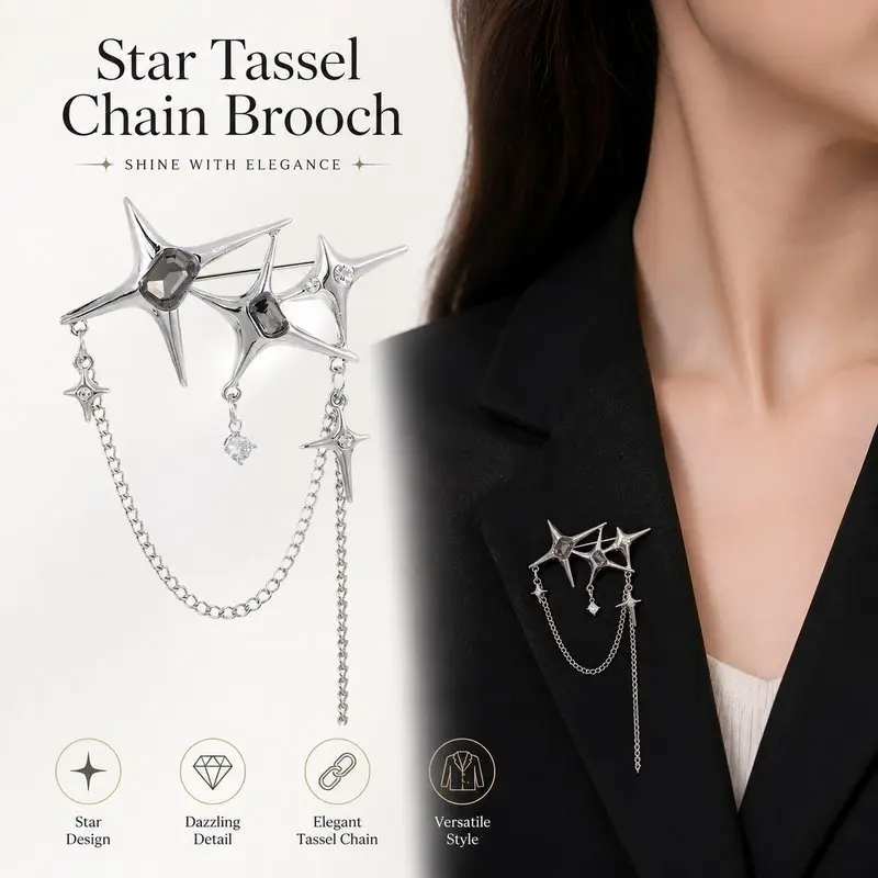 Bros Rantai Tassel Bintang Empat Sudut Metalik Gaya Korea Lapel Pin Unisex Cocok Dekorasi Blazer Jas dan Kemeja 【KOSMEBLAB】