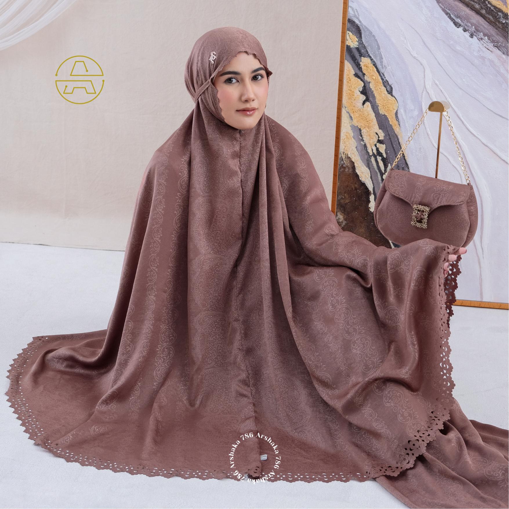 Arshaka 786 - Mukena Dewasa Mewah Sutra Santorini Silk Bunga Lux Laser Cut 2in1 Yasmine Series Arshaka Arshaka 786 - Mukena Dewasa Mewah Sutra Santorini Silk Bunga Lux Laser Cut 2in1 Yasmine Series Arshaka