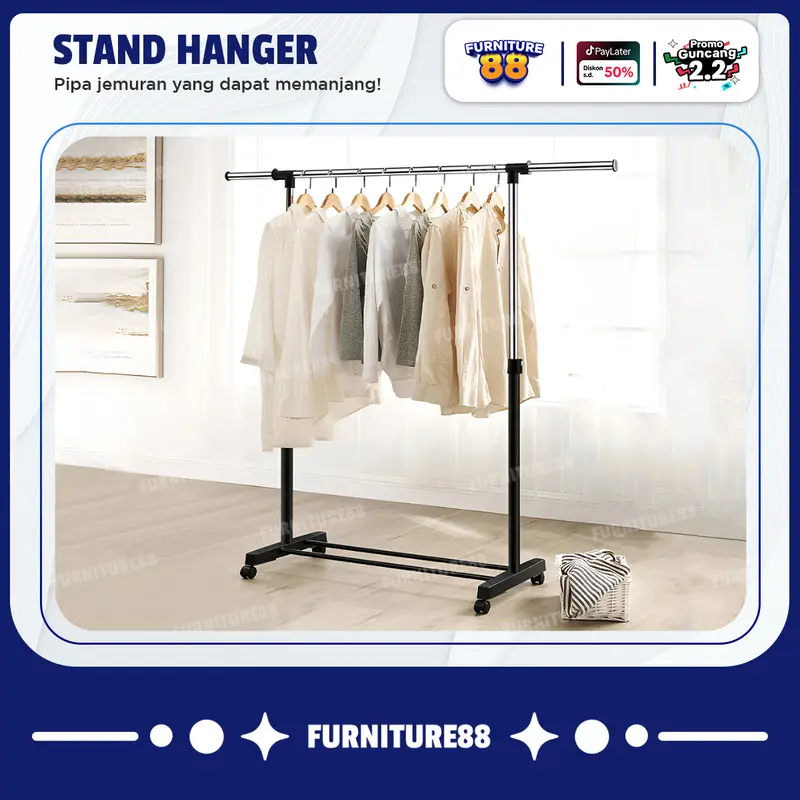 FURNITUR88 Stand Hanger Gantungan Baju Single Bahan Pipa Besi Stainless Dengan Roda Plastik ABS Untuk Gantungan Pakaian Handuk DLL COD 0