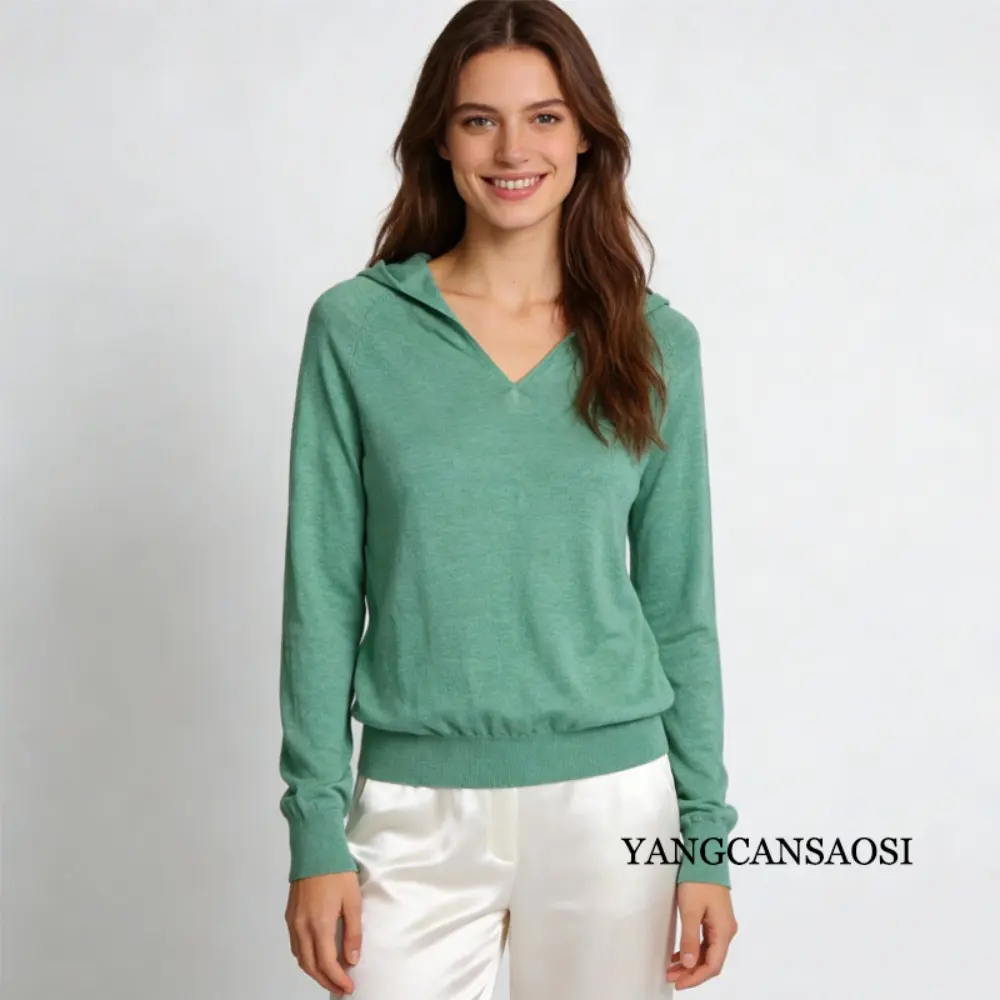 2026 Women's Early Spring Clothing 64% Natural Mulberry Silk Simple Versatile Loose V-ne Solid Pullover Hooded Knitted Sweater