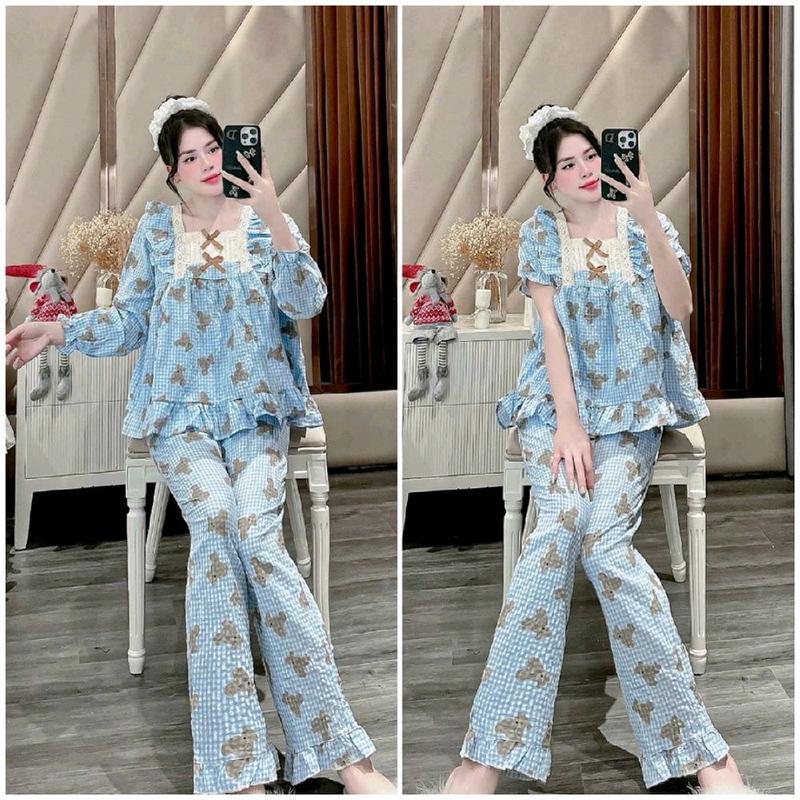 Bộ Ngủ Nữ, Kiểu 2 Nơ Viền Ren, Vải Đũi Mềm, Phom 40-58kg Kẻ sọc Áo Women Voi Nhung Nho Sen Cotton