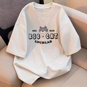 英語のかわいいあくび子猫柄プリント婦人用半袖Tシャツ、丸首、ゆったり、純綿カジュアルトップス、丸首、ショルダーストラップ、ゆったりシルエット、通気性、肩落ちデザインプリントTシャツ夏のゆったりタイプ