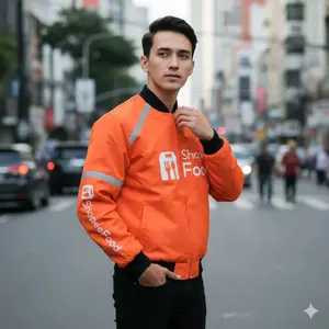 jaket bomber Shopeefood adem untuk berkendara Waterproof Logo Nyaman Pria Parasut Distro Wanita Parka Cowok Unisex Casual Keren