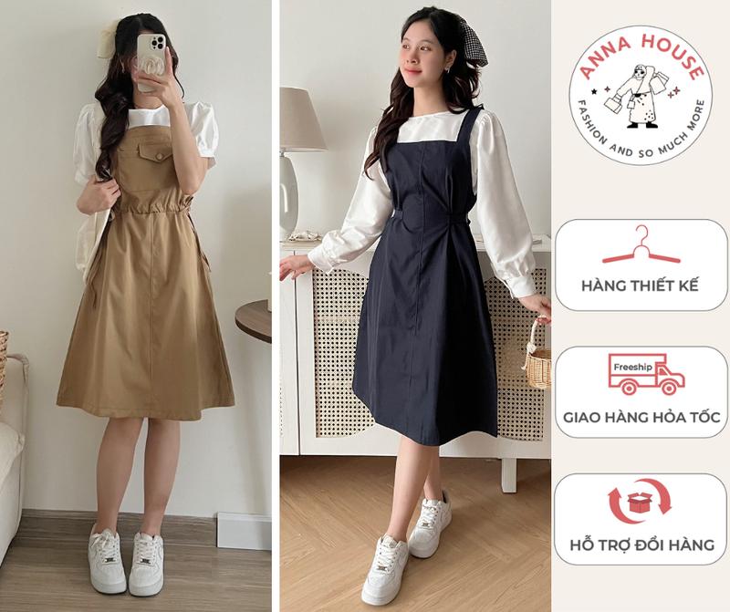 vòng1 <95cm < 60kg CÓ TÁCH LẺ Set bộ yếm nữ dáng dài suông rộng đai eo kèm áo sơ mi trắng set yếm 2 dây bản to kèm áo tay bồng Ulzzang đồ học sinh bộ đi học bộ đi biển set đồ nữ