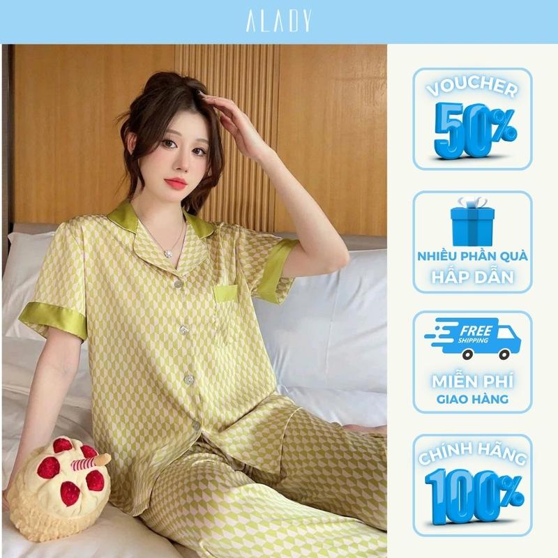 ALADY TN045 - Đồ bộ Nữ Pijama lụa Latin sọc caro màu xanh vàng cao cấp, mềm mại và thoáng mát Quần Ngủ Áo Ngủ