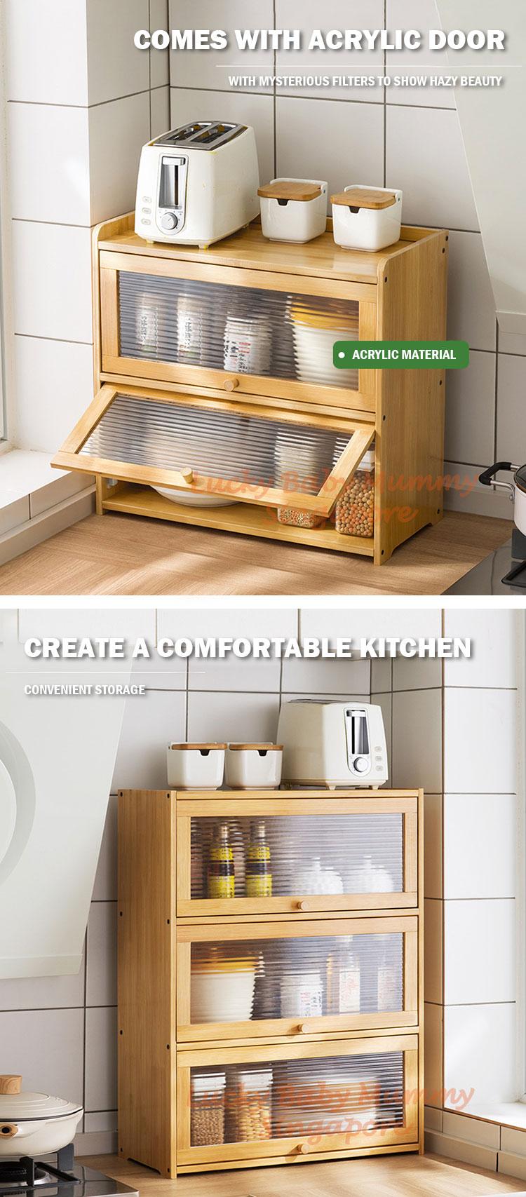 Product Introduction of Kitchen Bamboo Cabinet with Acrylic Flip Door Transparent Storage Counter Dining Household Cupboard 17