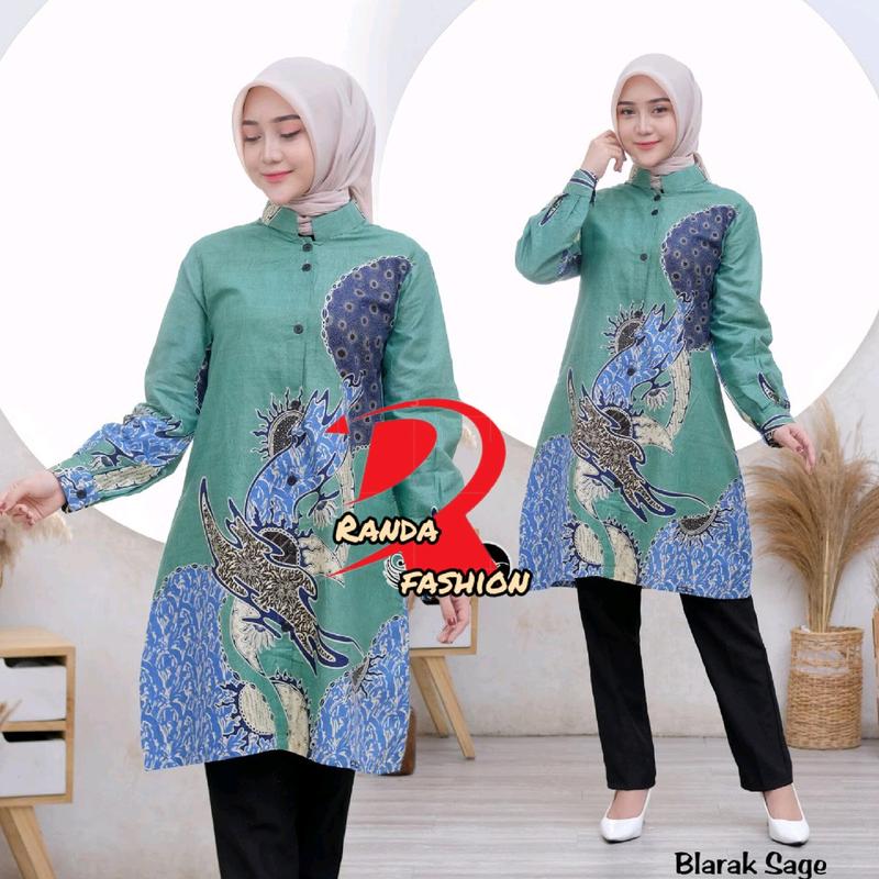 Tunik batik modern Tunik wanita motif Tarbaru seragam guru wanita baju atasan tunik kancing depan busui friendly Katun Panjang Dewasa Remaja Kain Kerja Dress Muslim 3